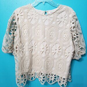 Ultra Pink Women's size XL tan/Biege pull-over lined crochet blouse